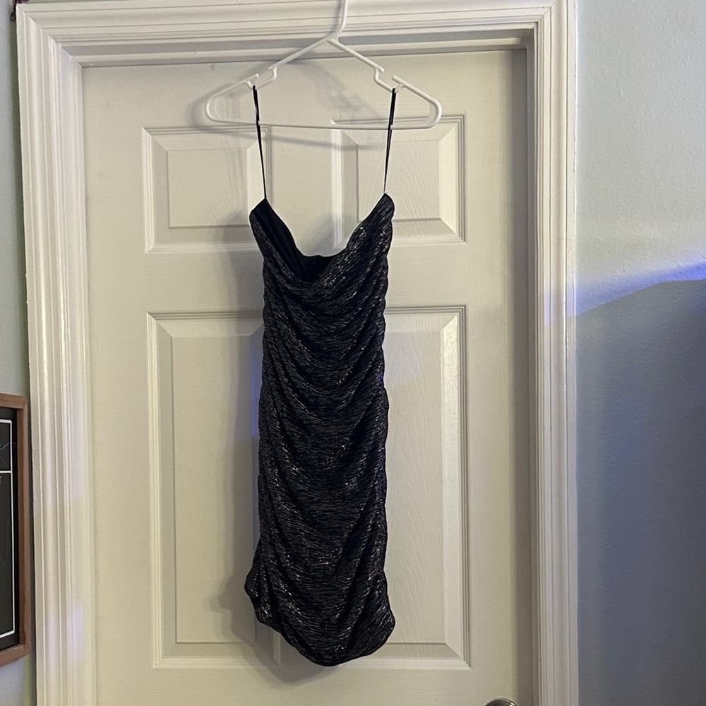 Express Black Shimmer Ruched Mini Dress